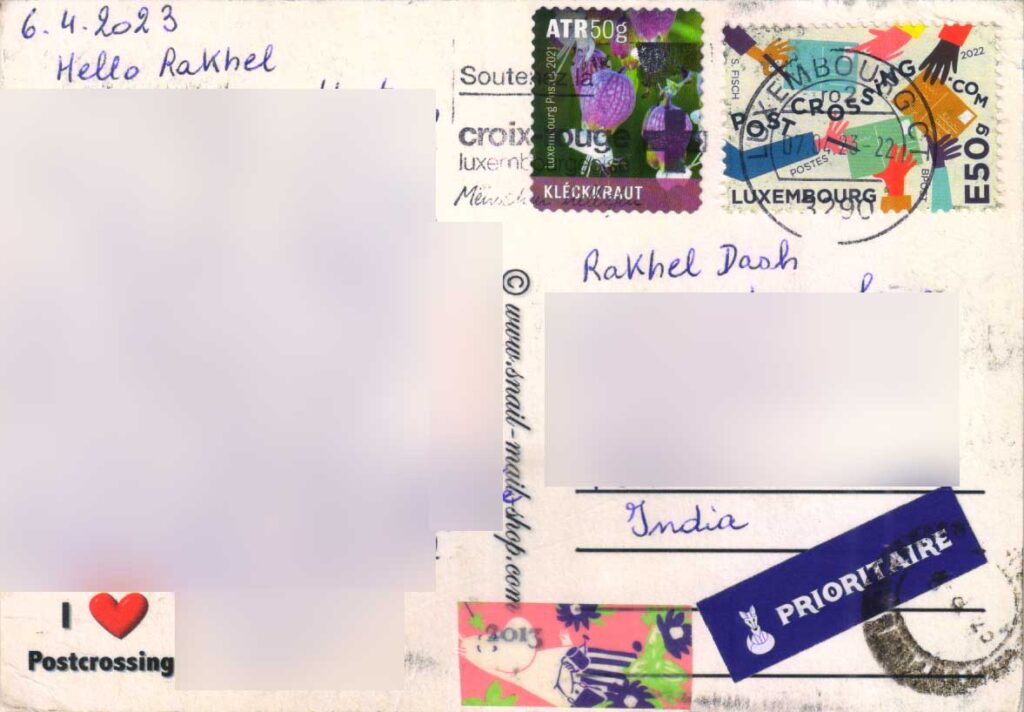 Postcrossing card from Luxembourg with official postcrossing stamp- Reverse