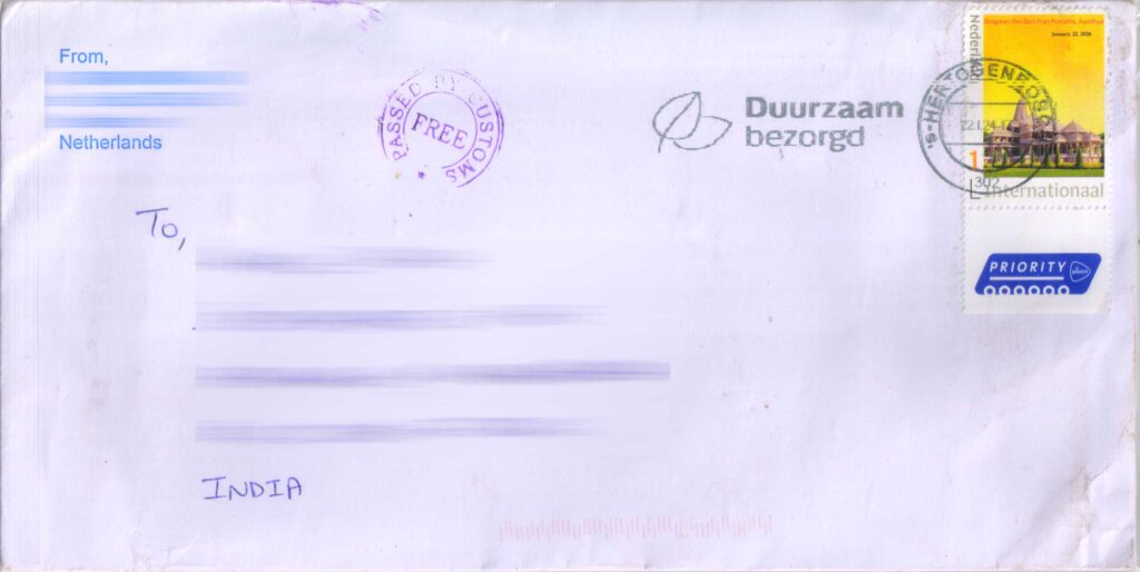 A cover posted on 22nd January, 2024 from Nederlands with Private stamp on Pran Pratistha of Ram Temple, Ayodhya