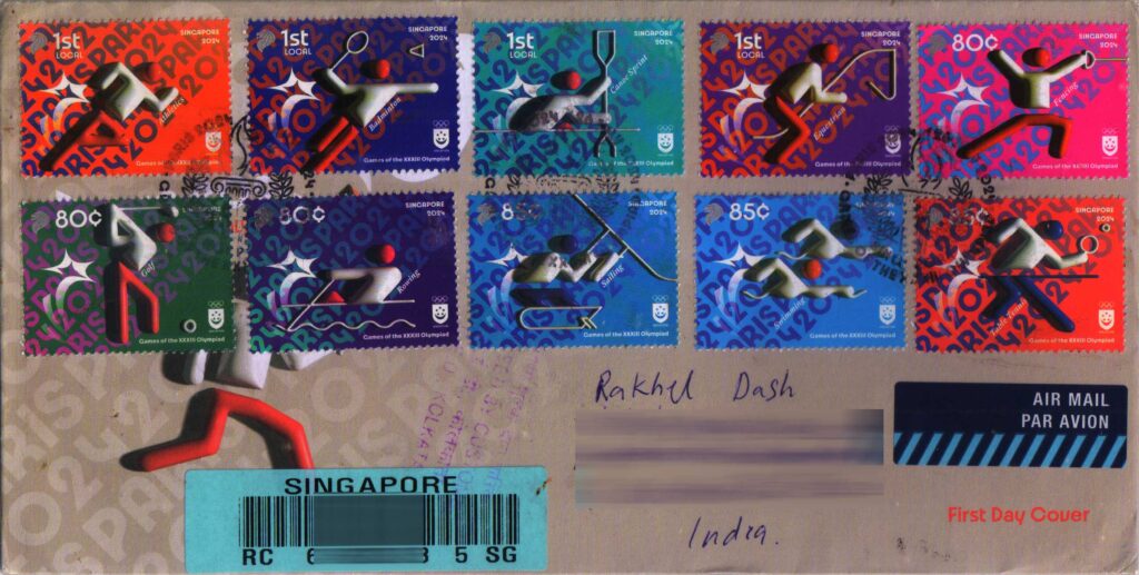 First day commercially used registered cover with commemorative stamps released on Paris Olympics 2024 by Singapore Post.