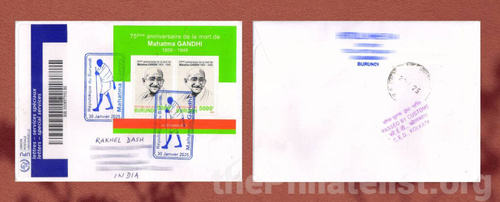 Front and Reverse side of the cover posted from Burundi with Pictorial cancellation and Stamps on Mahatma Gandhi