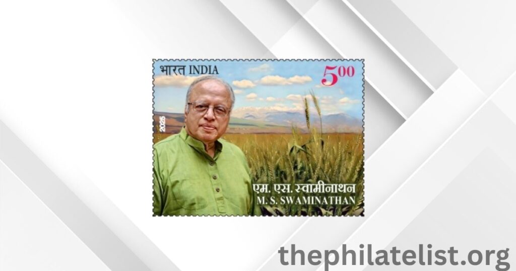 Commemorative postage stamps issued in honor of agricultural scientist M. S. Swaminathan