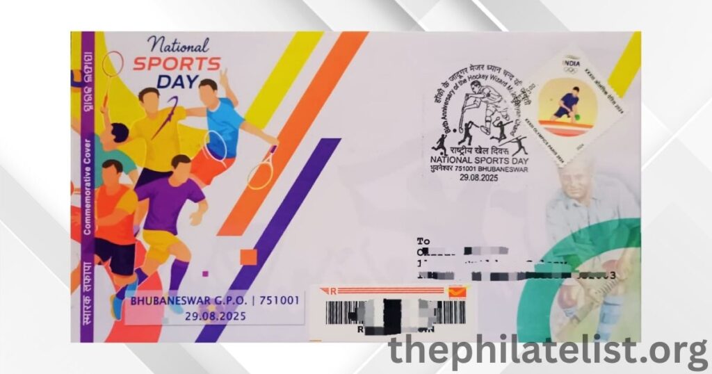 Commemorative Cover with Special Cancellation on National Sports Day 2025, honoring Major Dhyan Chand, released at Bhubaneswar GPO by Odisha Postal Circle.